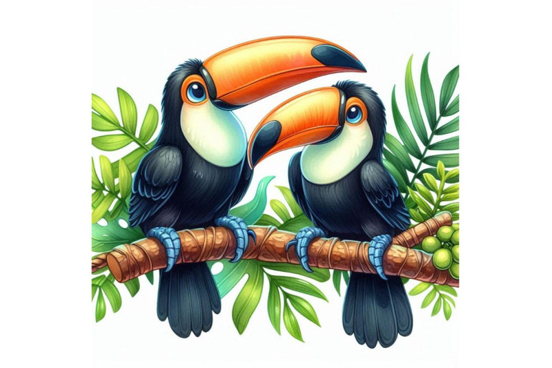 two-playful-toucans-touching-beaks-on-a-tropical-branch