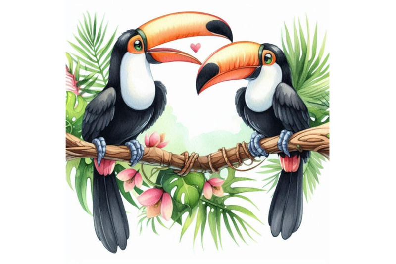 two-playful-toucans-touching-beaks-on-a-tropical-branch