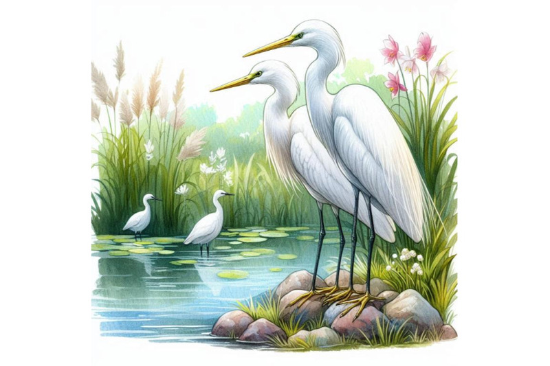 a-pair-of-snowy-white-egrets-standing-elegantly-by-a-pond