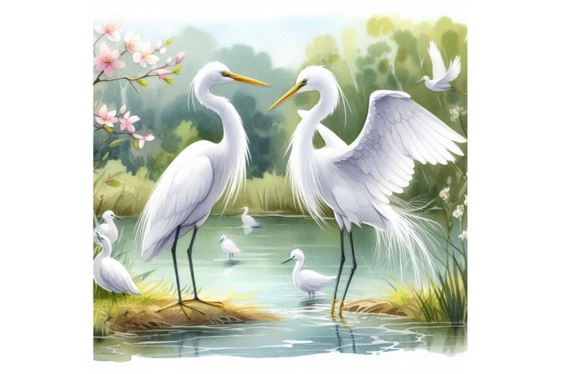 a-pair-of-snowy-white-egrets-standing-elegantly-by-a-pond