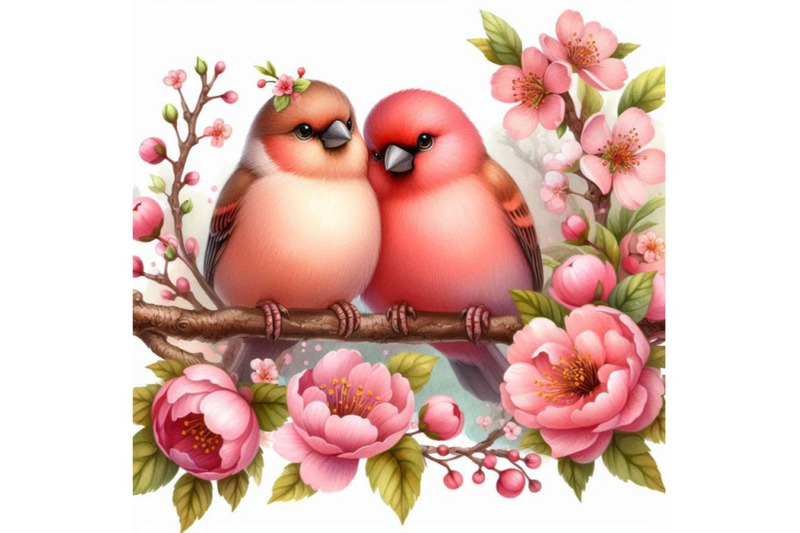 a-couple-of-rosy-finches-perched-on-a-branch-with-blooming-flowers