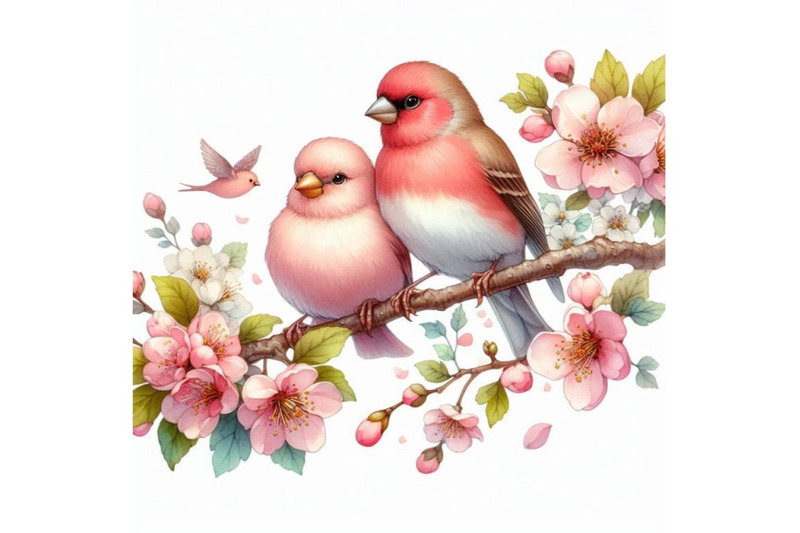 a-couple-of-rosy-finches-perched-on-a-branch-with-blooming-flowers