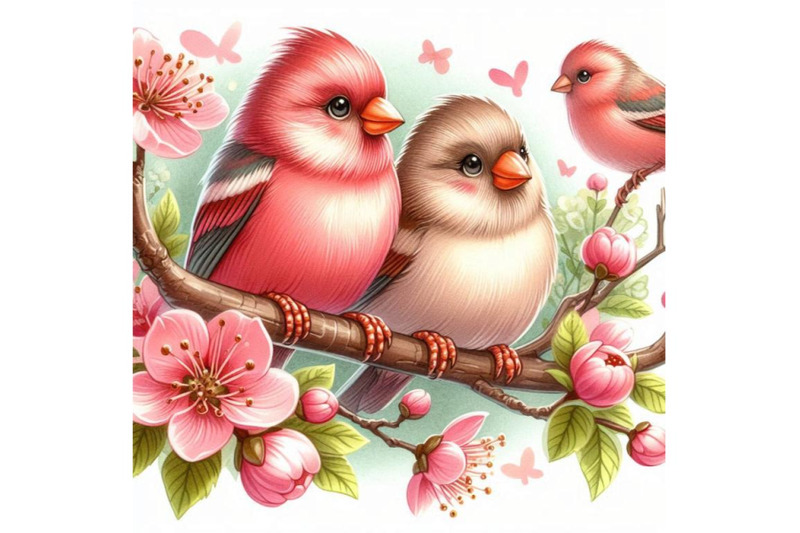 a-couple-of-rosy-finches-perched-on-a-branch-with-blooming-flowers