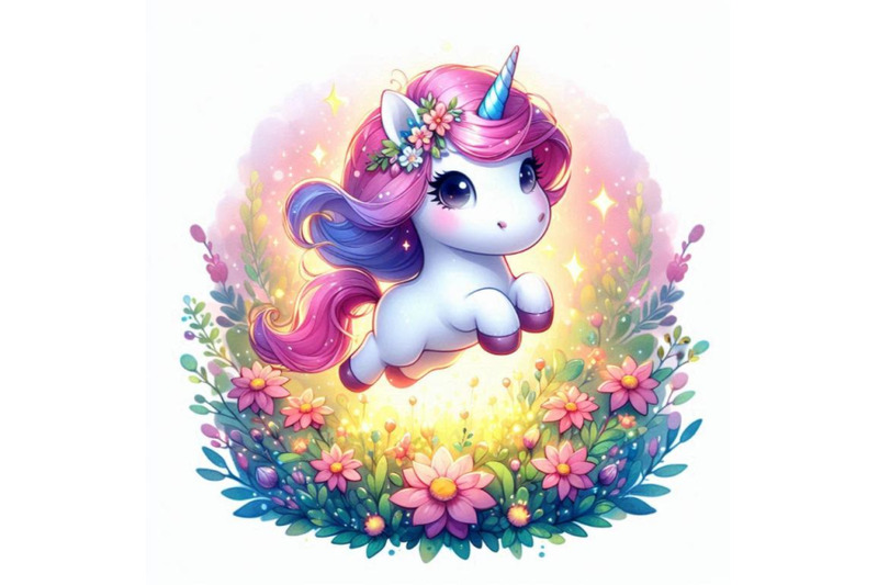 cute-2d-unicorn-jumping-through-a-field-of-glowing-flowers