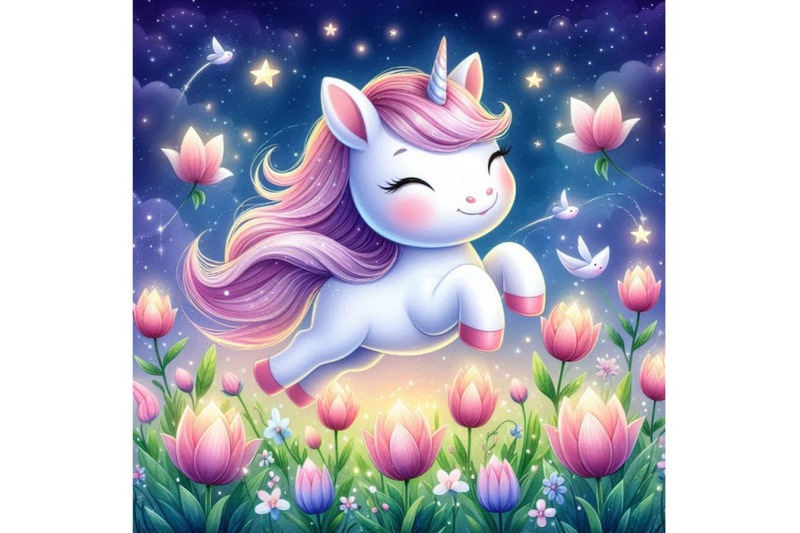 cute-2d-unicorn-jumping-through-a-field-of-glowing-flowers