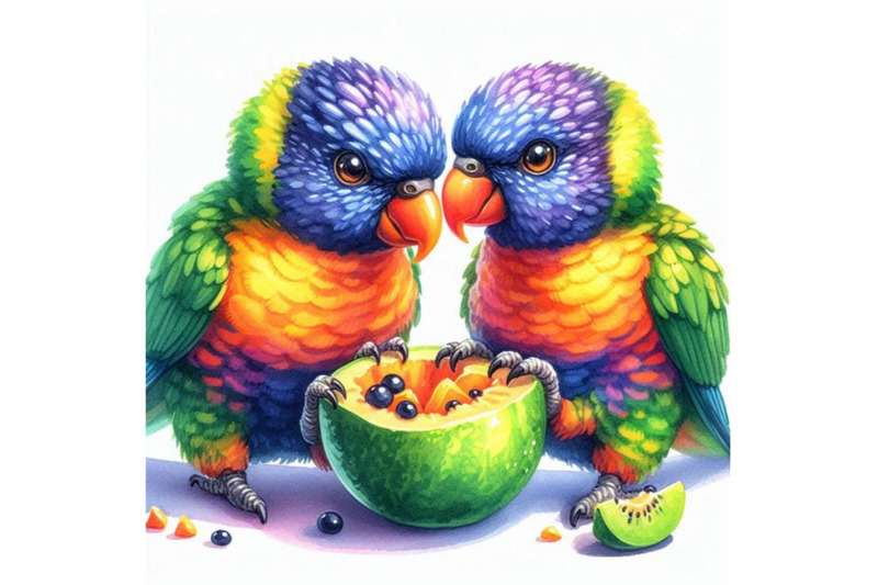 a-pair-of-rainbow-lorikeets-nibbling-on-a-fruit-together