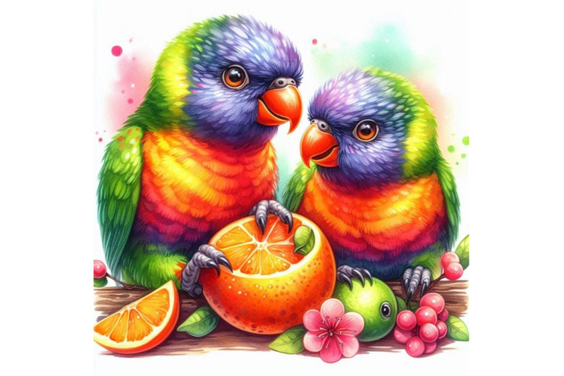 a-pair-of-rainbow-lorikeets-nibbling-on-a-fruit-together