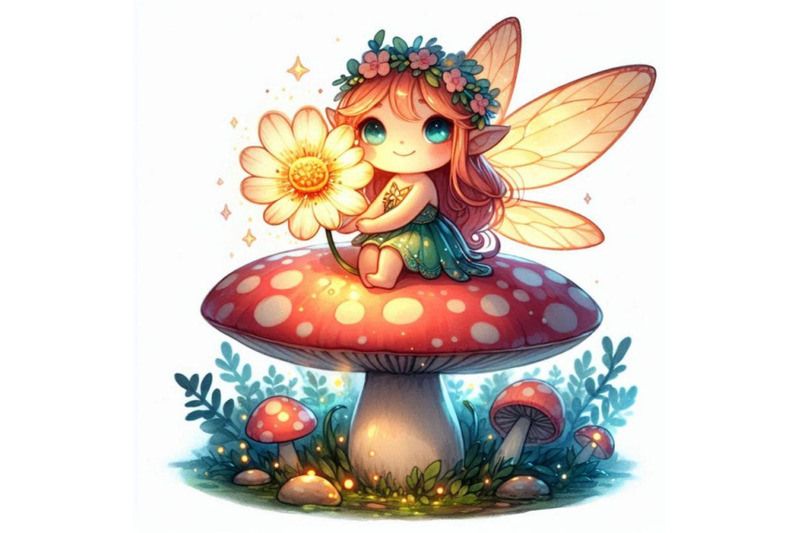 tiny-2d-fairy-sitting-on-a-mushroom-holding-a-glowing-flower