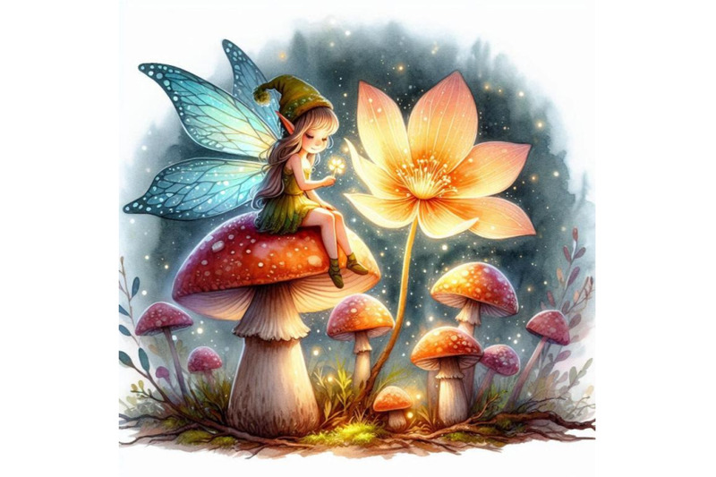 tiny-2d-fairy-sitting-on-a-mushroom-holding-a-glowing-flower