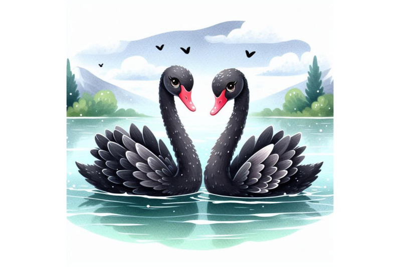 two-dainty-black-swans-gliding-side-by-side-on-a-calm-lake