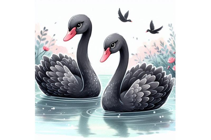 two-dainty-black-swans-gliding-side-by-side-on-a-calm-lake