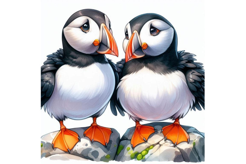 two-sweet-puffins-standing-together-on-a-rocky-shore