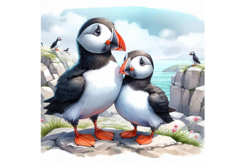 two-sweet-puffins-standing-together-on-a-rocky-shore