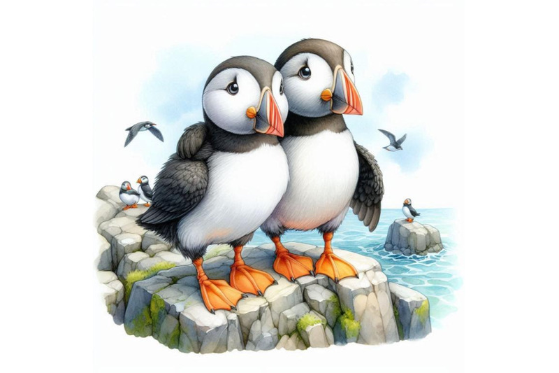 two-sweet-puffins-standing-together-on-a-rocky-shore