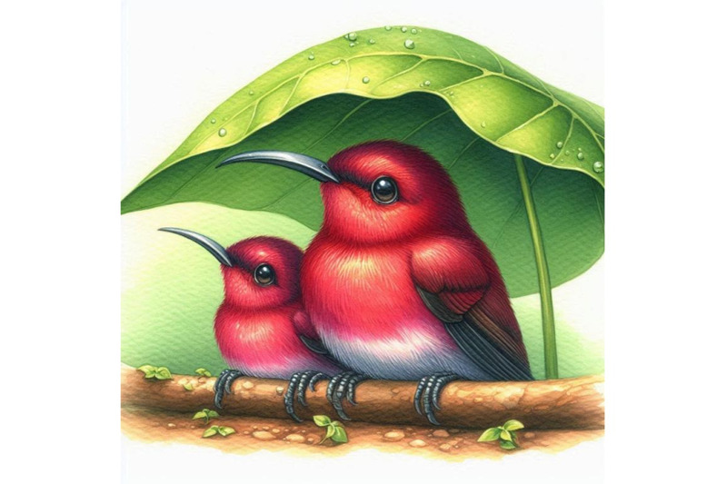 a-pair-of-crimson-sunbirds-resting-under-the-shade-of-a-big-leaf