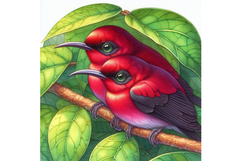 a-pair-of-crimson-sunbirds-resting-under-the-shade-of-a-big-leaf