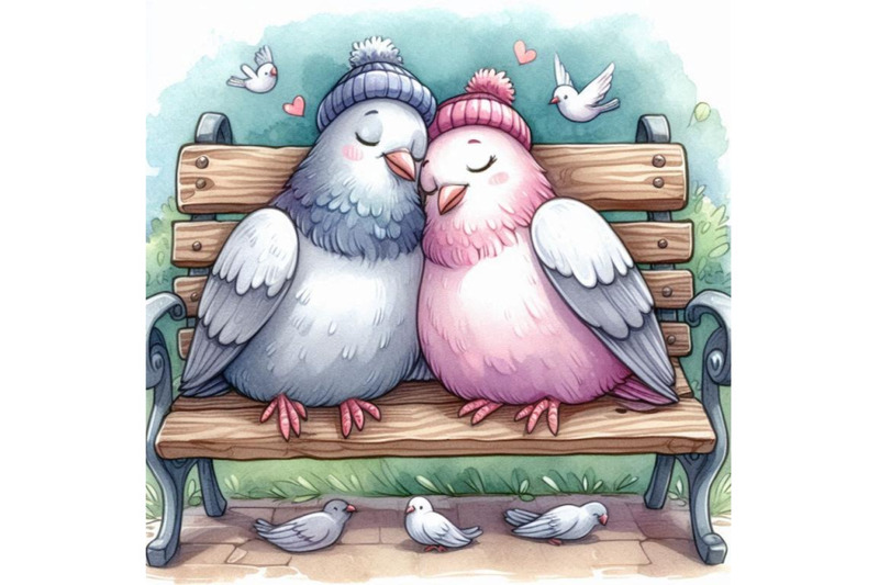 two-soft-pastel-colored-pigeons-snuggling-on-a-park-bench