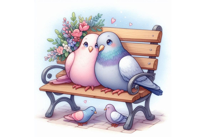 two-soft-pastel-colored-pigeons-snuggling-on-a-park-bench