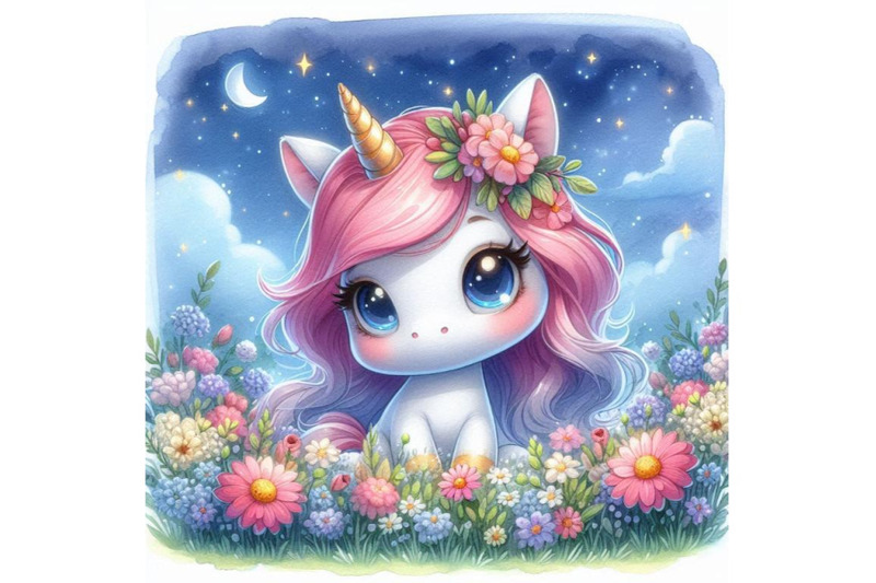 cute-2d-unicorn-playing-in-a-field-of-flowers-with-twinkling-eyes