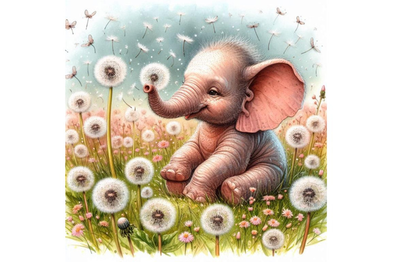 baby-elephant-sitting-in-a-field-of-dandelions-blowing-seeds