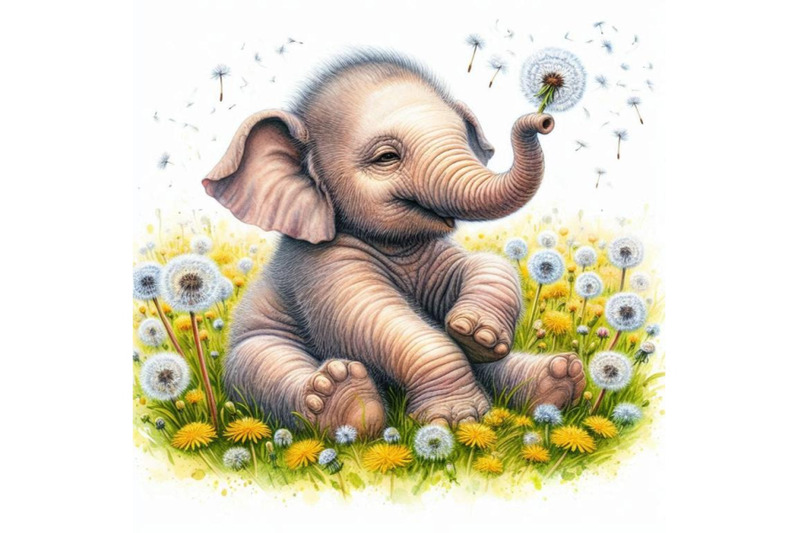 baby-elephant-sitting-in-a-field-of-dandelions-blowing-seeds