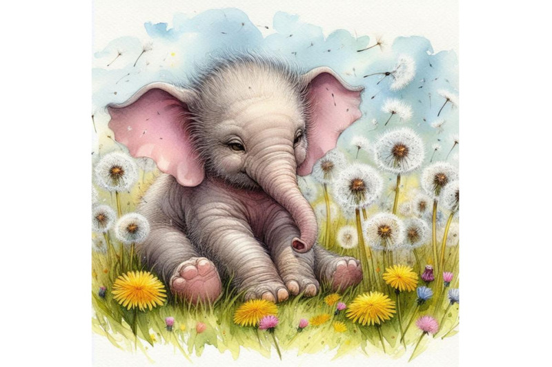 baby-elephant-sitting-in-a-field-of-dandelions-blowing-seeds