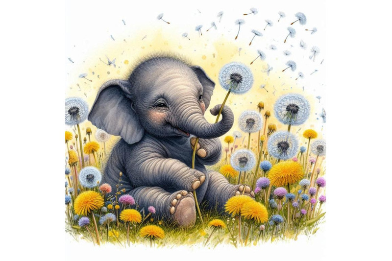 baby-elephant-sitting-in-a-field-of-dandelions-blowing-seeds