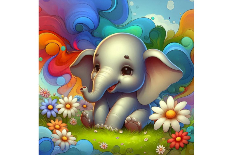 baby-elephant-sitting-in-a-field-of-flowers