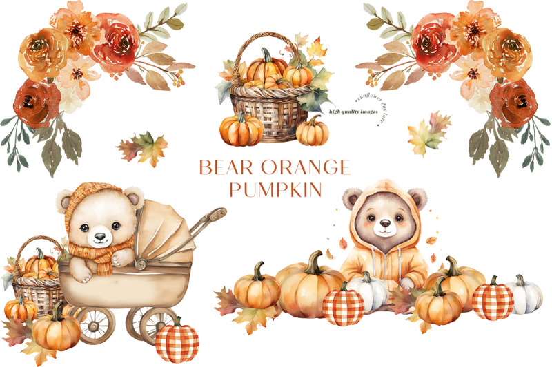 fall-cute-bear-boho-rustic-pumpkin-clipart-fall-autumn-orange-pumpki