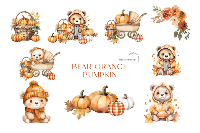 fall-cute-bear-boho-rustic-pumpkin-clipart-fall-autumn-orange-pumpki