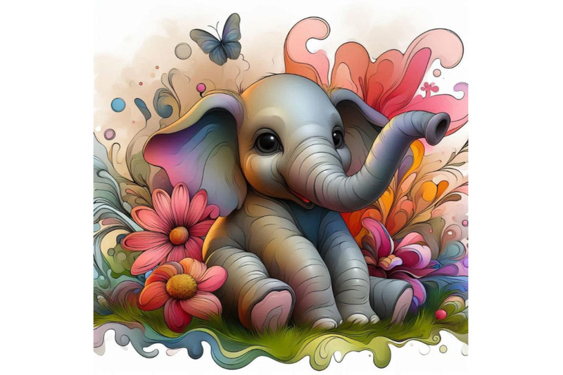 baby-elephant-sitting-in-a-field-of-flowers-smiling