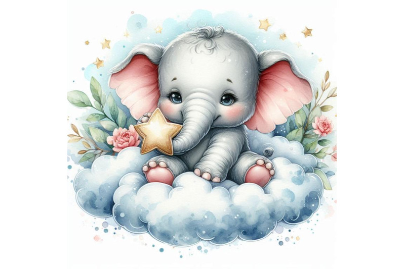 baby-elephant-sitting-on-a-soft-cloud-holding-a-star