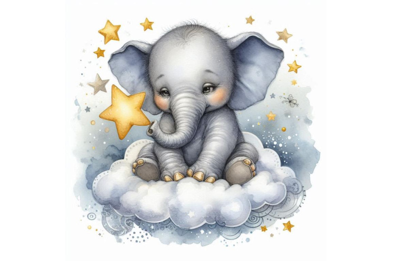 baby-elephant-sitting-on-a-soft-cloud-holding-a-star