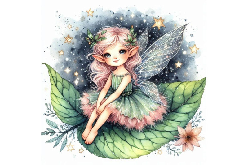 tiny-glitter-fairy-sitting-on-a-leaf-surrounded-by-twinkling-stars