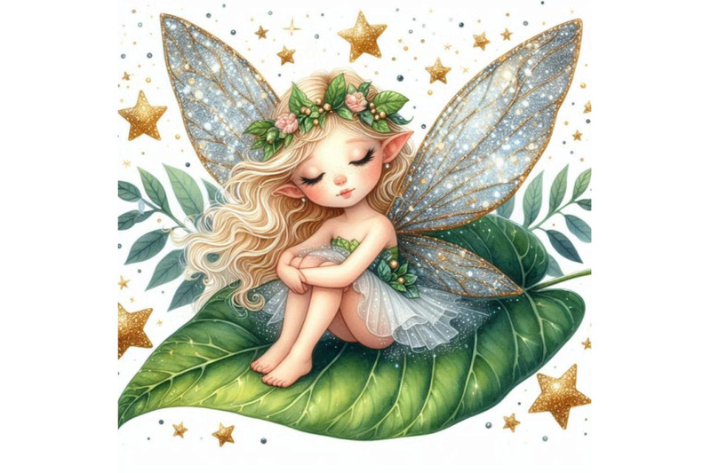 tiny-glitter-fairy-sitting-on-a-leaf-surrounded-by-twinkling-stars