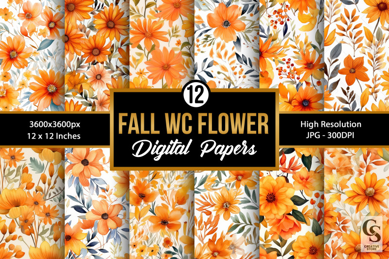 fall-orange-watercolor-flowers-seamless-patterns