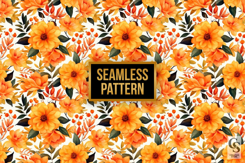 fall-orange-watercolor-flowers-seamless-patterns