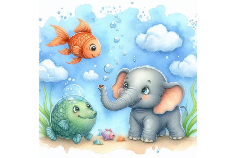 baby-elephant-with-a-tiny-fish-friend-swimming-nearby