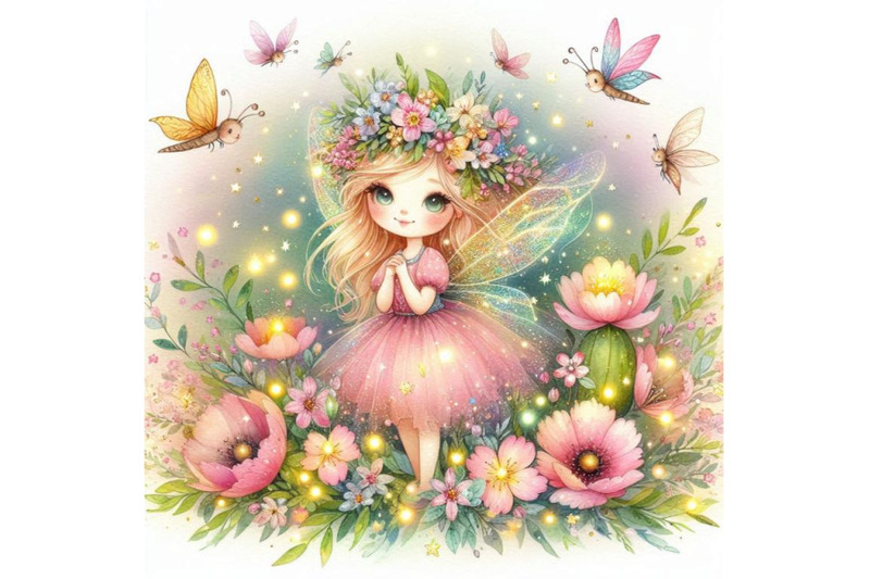 adorable-glitter-fairy-surrounded-by-tiny-fireflies-and-magical-flower