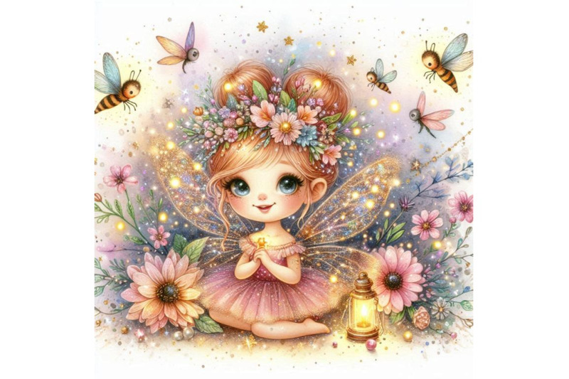 adorable-glitter-fairy-surrounded-by-tiny-fireflies-and-magical-flower