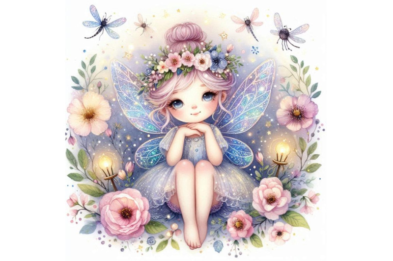 adorable-glitter-fairy-surrounded-by-tiny-fireflies-and-magical-flower