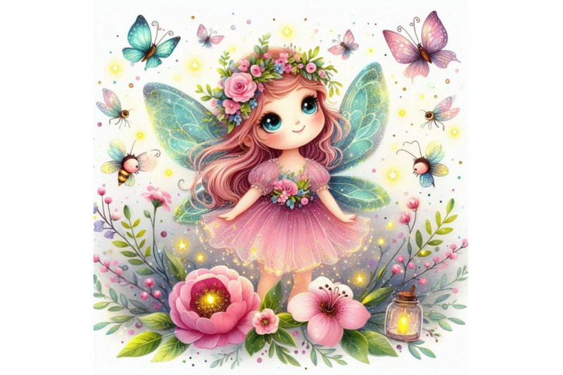 adorable-glitter-fairy-surrounded-by-tiny-fireflies-and-magical-flower