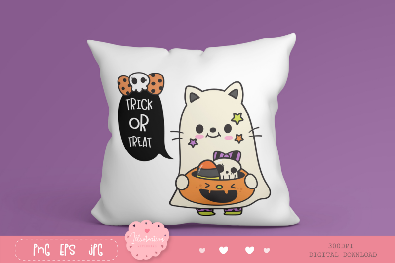 halloween-cat-ghost-with-pumpkin-candy-kawaii-cliparts