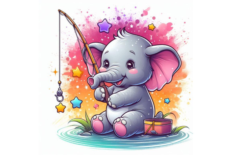 baby-elephant-holding-a-tiny-fishing-rod-catching-stars