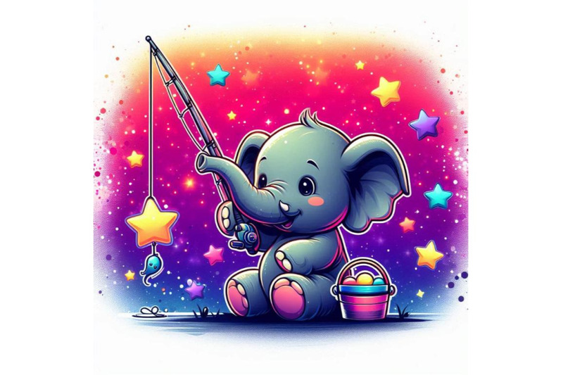 baby-elephant-holding-a-tiny-fishing-rod-catching-stars