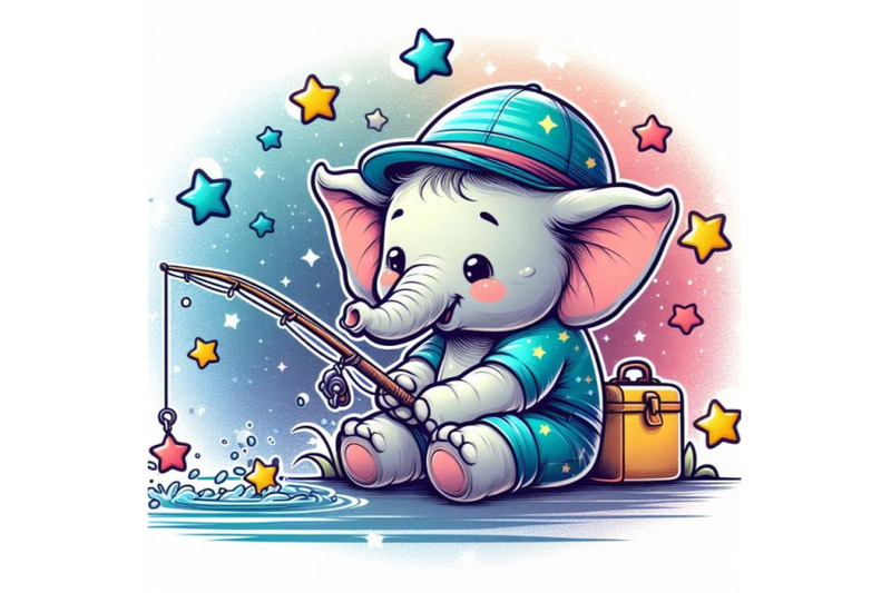 baby-elephant-holding-a-tiny-fishing-rod-catching-stars