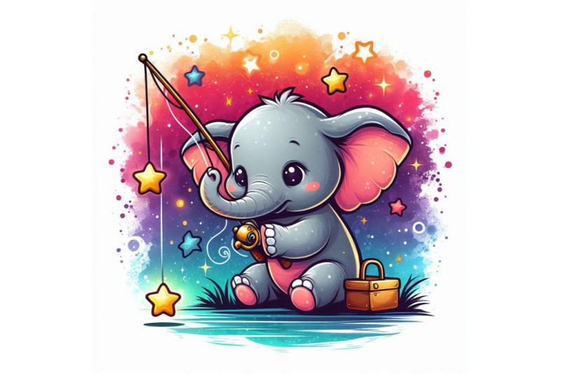 baby-elephant-holding-a-tiny-fishing-rod-catching-stars