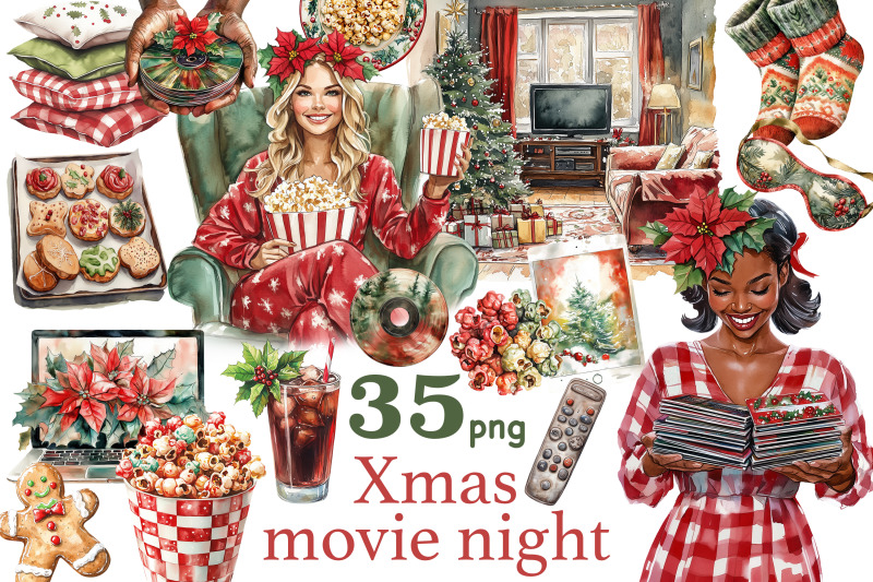 christmas-movie-night-clipart-xmas-illustration-bundle