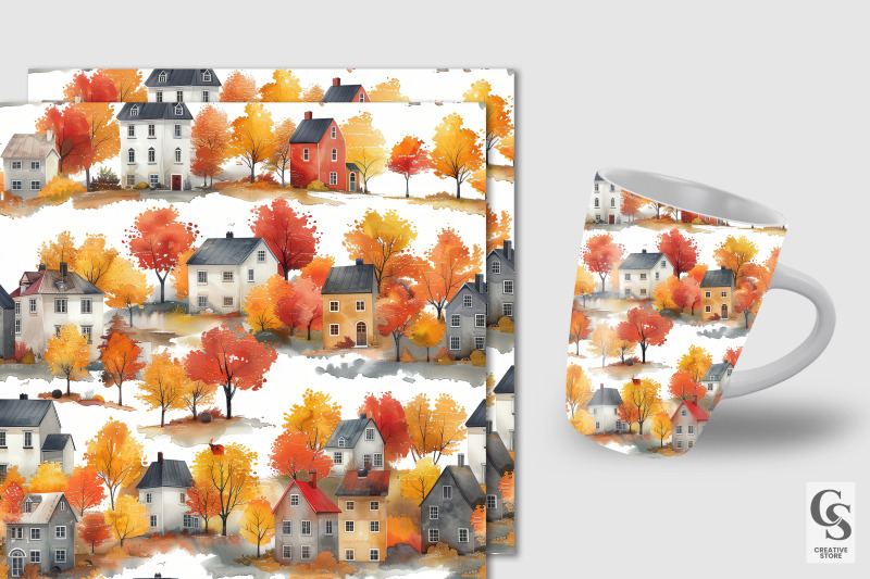 watercolor-autumn-houses-seamless-patterns