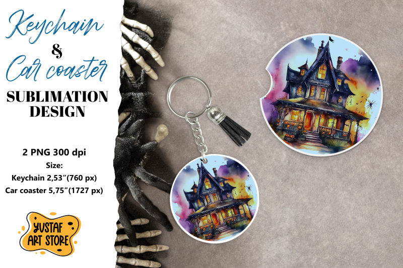 halloween-keychain-amp-car-coaster-sublimation-spooky-house